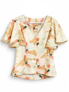 Vintage 70s Cream Button Front Blouse Orange Floral & Flutter Sleeve - Size 6